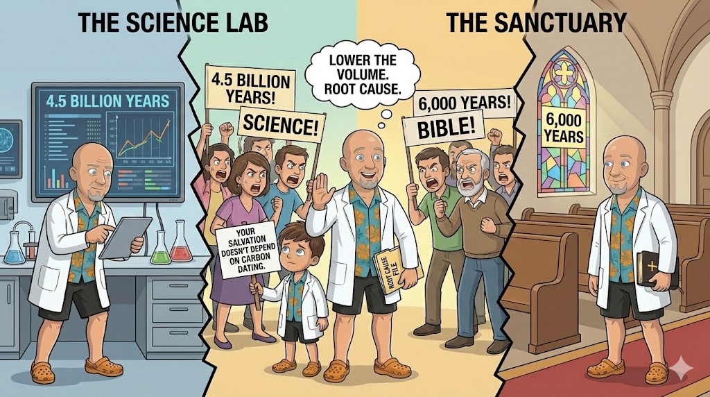 Vintage timeline illustration: Old Earth vs Young Earth debate
